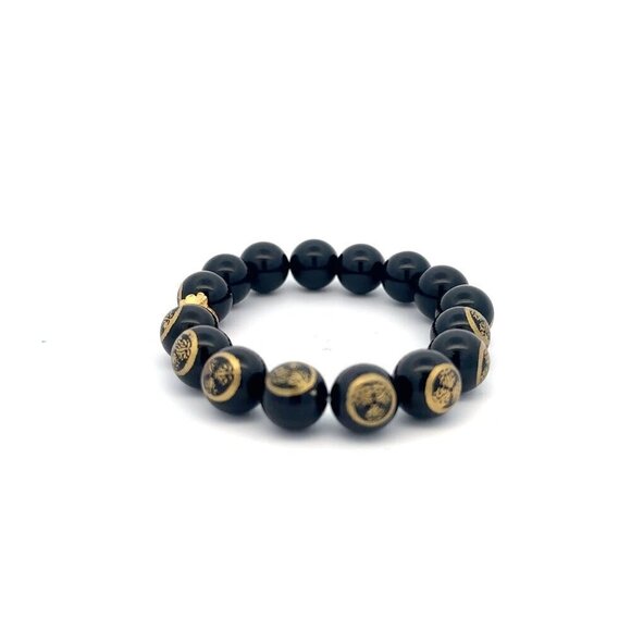 24K Yellow Gold Money Bag Lucky Bracelet Carved Black Agate Gemstones 10mm - Picture 5 of 5
